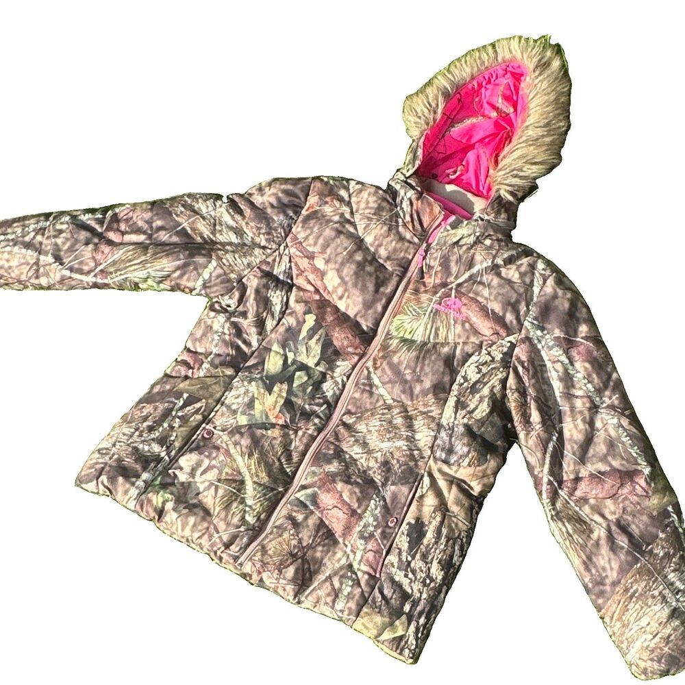 Mossy Oak 2XL Camo Insulated Hooded Jacket Pink Lined Full Zip Thermal Hunting